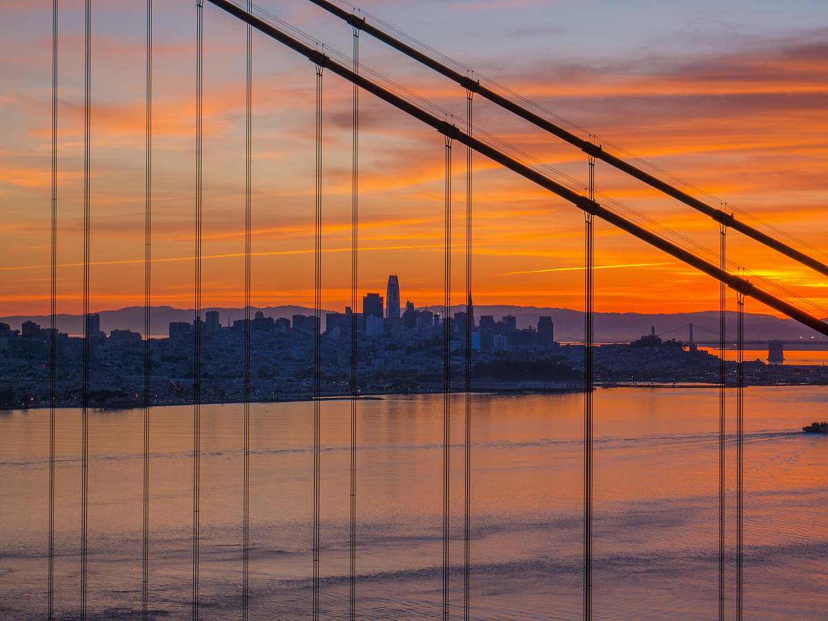golden gate bridge panorama view of city during sunset san francisco